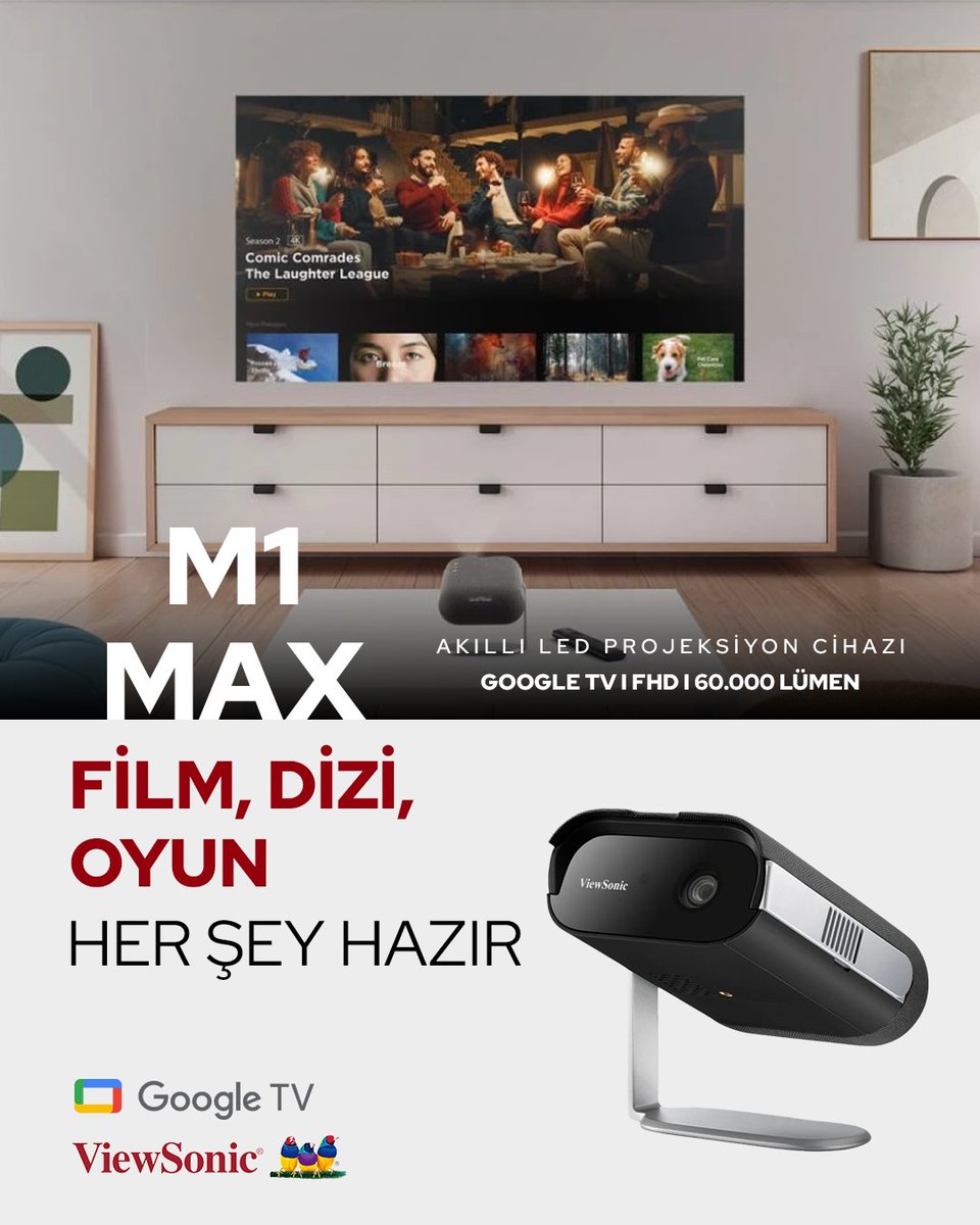 Eğlenceyi duvarına taşı! M1 Max, FHD görüntü ve Google TV ile film, dizi ve oyun deneyimini akıllı hale getirir. Kompakt boyut, büyük keyif. 🍿✨

#ViewSonic #M1Max #AkıllıProjeksiyon