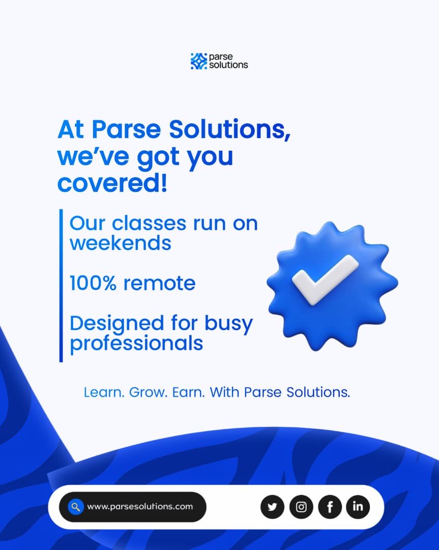 ParseSolutions's tweet image. Busy during the week? 
Our tech classes run on weekends, so whether you’re a 9–5 worker or a business owner, you can still learn at your pace.
Learn tech with Parse Solutions! 
We’ve got you.💙

#ParseSolutions #TechLearning #WeekendClasses #LearnTech #SkillUp #TechForEveryone
