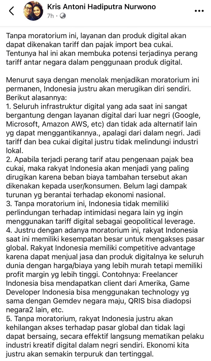 Waktu meeting dengan Kemenkeu dan Kemenekraf ada pertanyaan dari Dirjen Bea Cukai perihal Moratorium Bea Cukai Transmisi Elektronik WTO yang akan berakhir 2026.

Sayangnya karena waktu yang terbatas tidak bisa dibahas terlalu dalam. Berikut pendapat pribadi saya: