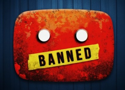 A stylized red YouTube play button icon with white circular eyes, overlaid with yellow caution tape labeled 'BANNEDDED' in black text, set against a dark blue background; the design appears cartoonish and meme-like to symbolize a ban.