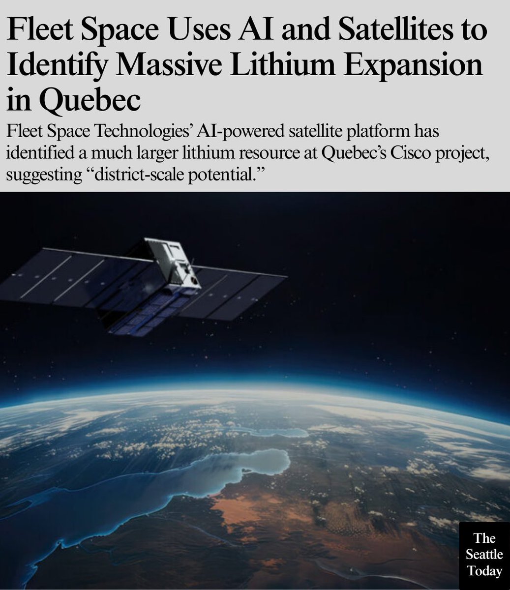 Seattletoday__'s tweet image. Fleet Space Technologies’ AI-powered satellite platform has identified a much larger lithium resource at Quebec’s Cisco project, suggesting “district-scale potential.” Faster, data-driven exploration could accelerate battery mineral supply. 

#Lithium #EV #BatteryTech #Mining #AI