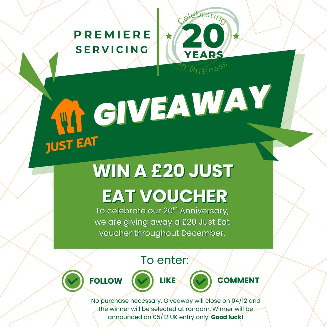 To celebrate our 20th Anniversary, we're giving away a £20 Just Eat voucher to one lucky winner! 

To enter, simply follow our page, like this post, and comment what you would order for a perfect treat.
 
Competition closes on 04/12 and the winner will be announced on 05/12.