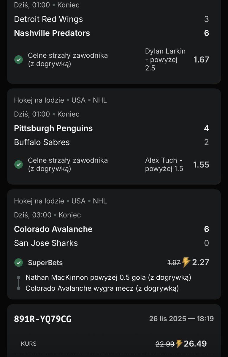 Recreaver's tweet image. Mamy to! 😎
Mega Big Win! 🤑🤑
Gratki dla wszystkich, którzy śledzą uważnie Socjal i wyłapali ze mną wczoraj oba kupony, jeden z kursem 11.67 a drugi 26.49 🤑🤑
Dziś z racji święta dziękczynienia NHL ma wolne, więc widzimy się jutro aby ponownie rozbić zielony bank! 😎💰💰