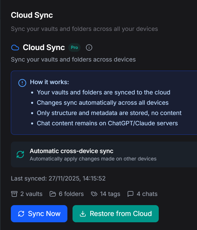 🚀 Just shipped: Complete Cross-Device Cloud Sync

Your ChatGPT organization now follows you everywhere:
✅ Vaults &amp; folders
✅ Tags with colors
✅ Favorites, pins, archives
✅ Chat assignments

Changes sync in <15 seconds across all devices 🔄

#ChatGPT #Productivity