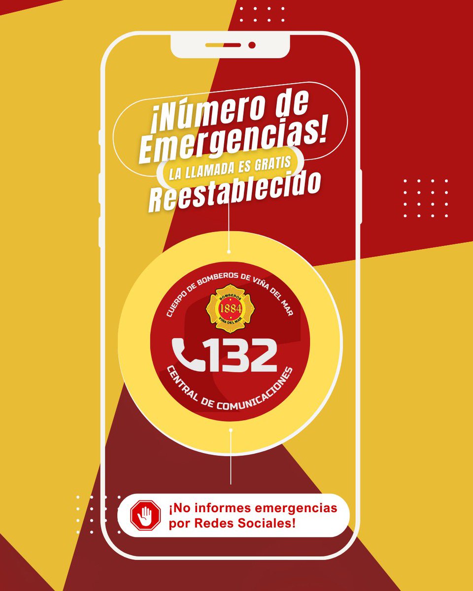 bomberosvina's tweet photo. ⚠️ 132 FUERA DE SERVICIO | La línea de emergencias 132 volvió a presentar una caída ajena a nuestro control. 

Se está trabajando en su pronta normalización.

Mientras tanto, para emergencias:
📞 +56 9 7798 5212
📞 +56 9 5872 6997
📞 +56 9 5871 7767 https://t.co/Fygv1uLC1V