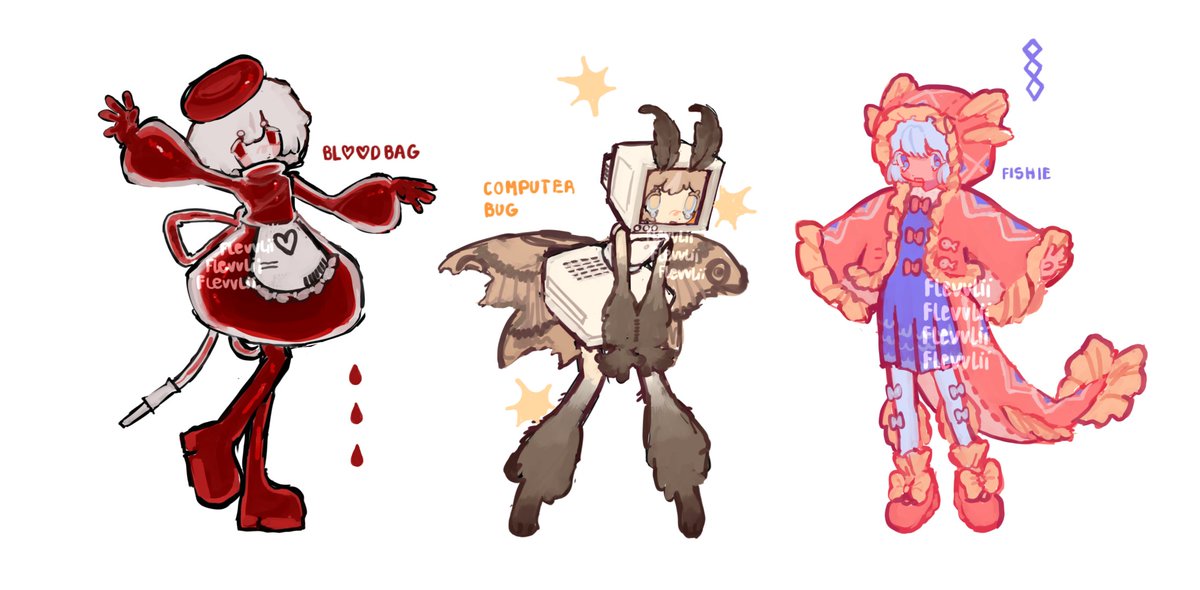 Flevvlii's tweet image. Adopts :0
•
Blood Bag
Computer Bug
Fishie :D
•
《 $20 each! 》
•
#adoptable #adopt #OCadopt #characterdesign #OC #art #SellingTheOC 
•
《 Payment through my Ko - Fi 》
《 Link to adopt in the comments ! 》