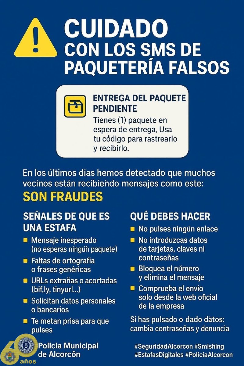 🚨 Alerta: SMS falsos de paquetería. Mensajes tipo “entrega pendiente” o “rastrea tu paquete” 👉 Son estafas.

❌ No abras enlaces
❌ No des datos
🚫 Bloquea y borra el SMS
✔️ Comprueba envíos solo en webs oficiales.

#Smishing #Ciberseguridad
