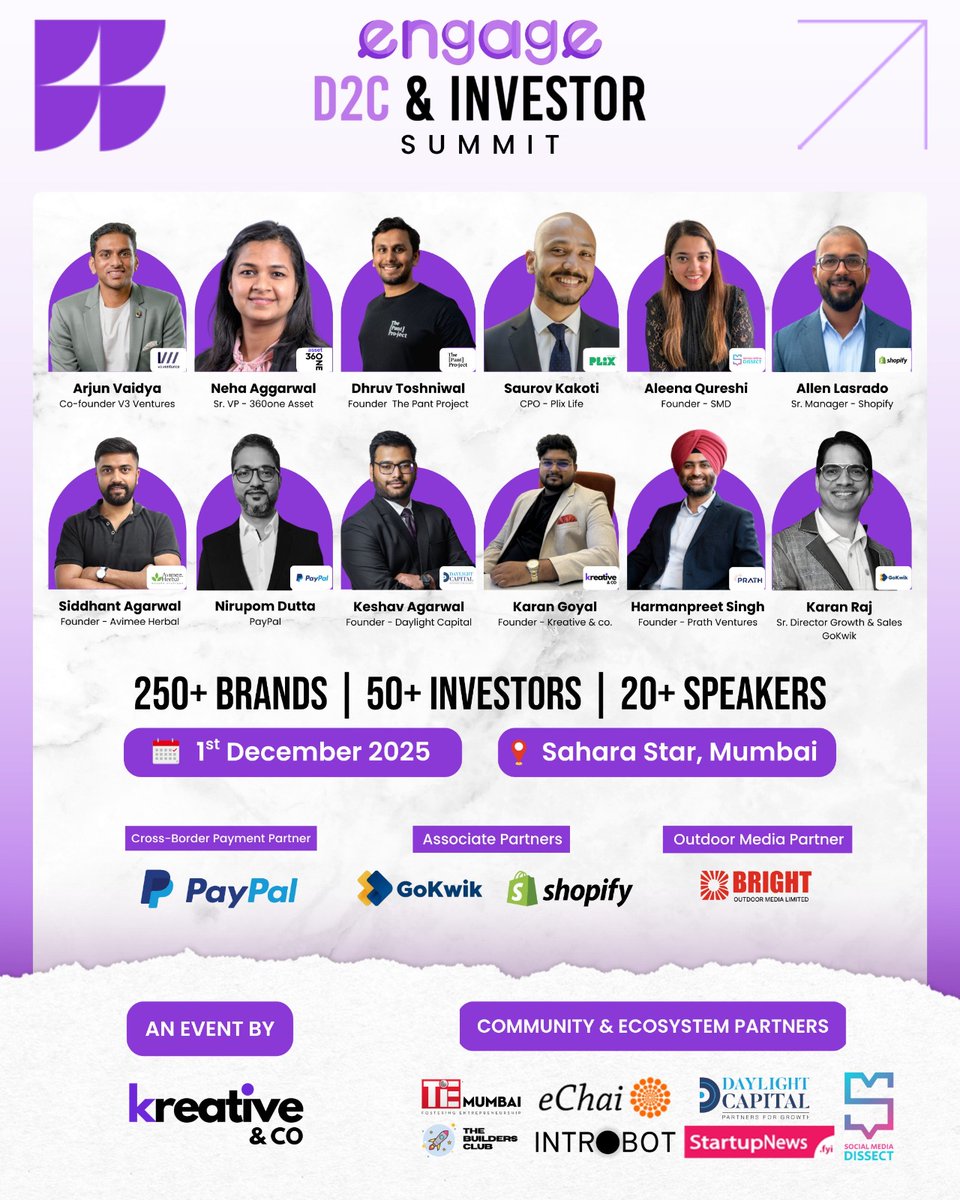 🚨 India’s biggest D2C room is here.
250 founders. 50 investors. Backed by PayPal + Shopify.

📅 Dec 1 • Sahara Star, Mumbai
🎟️ Register: engagecommerce.co
Use code Intro100 for 100% off.