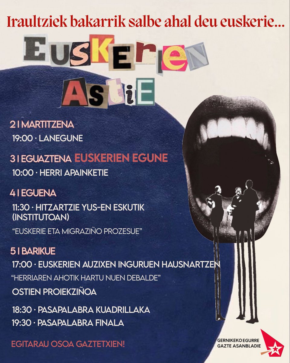 🗣️ EUSKERIEN ASTIE GAZTETXIEN! Abenduen 2tik 5era egitarau oparoa antolatu dogu gazte asanbladatik! Lanegune, hitzaldixek, proiekziñoa, kuadrillarteko pasapalabra txapelketie… ez galdu! 🙌🏾

Gaztetxiek eta gazte asanbladak euskerien borrokan lehen lerroan ‼️