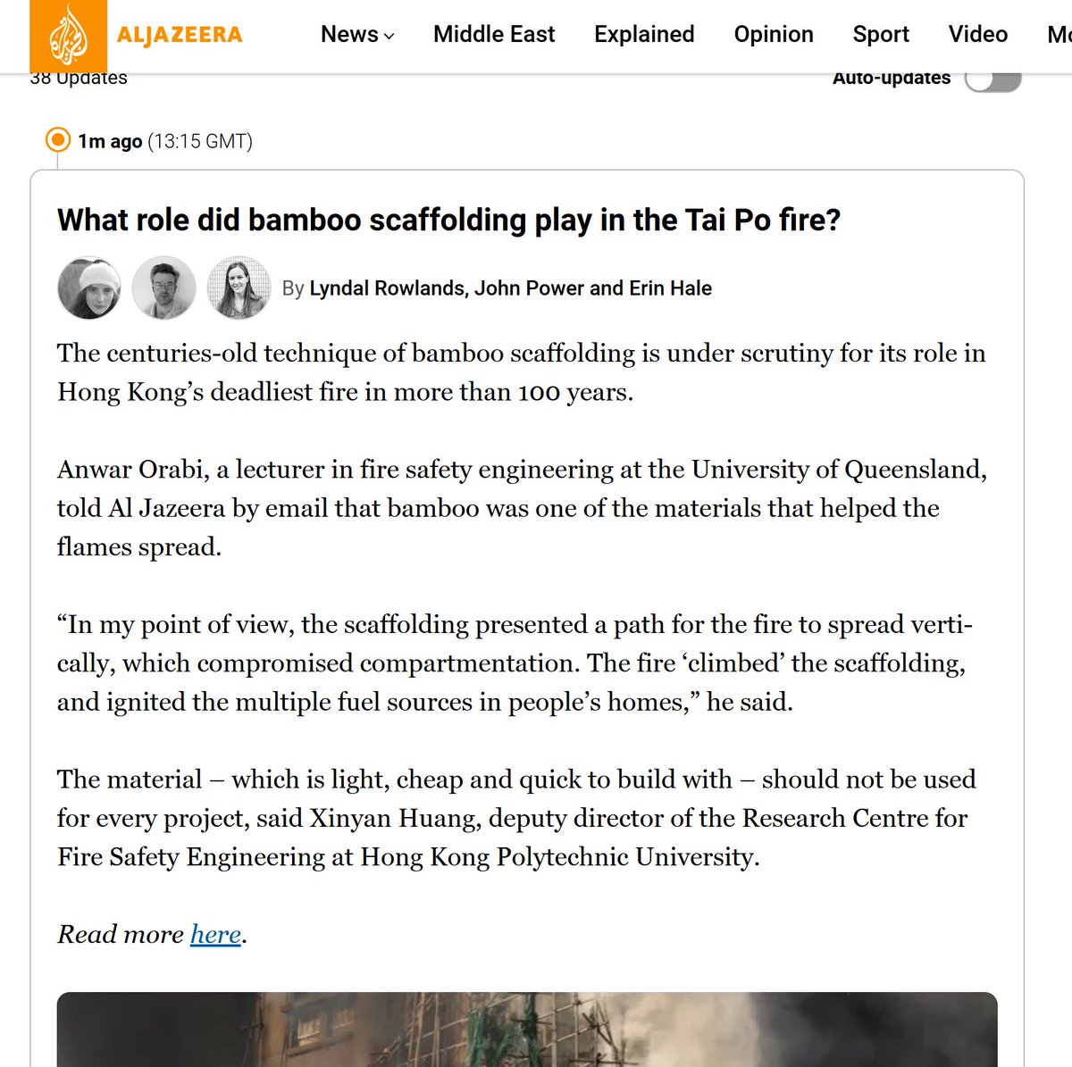 tomgrundy's tweet photo. Tai Po fire: This from Al-Jazeera 👇Meanwhile, on the ground, there isn't so much focus now on bamboo scaffolding (much of which has remained intact.)

Police Senior Superintendent Eileen Chung said firefighters suspected that the netting, mesh, canvas and plastic sheeting installed on the buildings did not meet fire safety requirements. https://t.co/F7AMPMSlcK