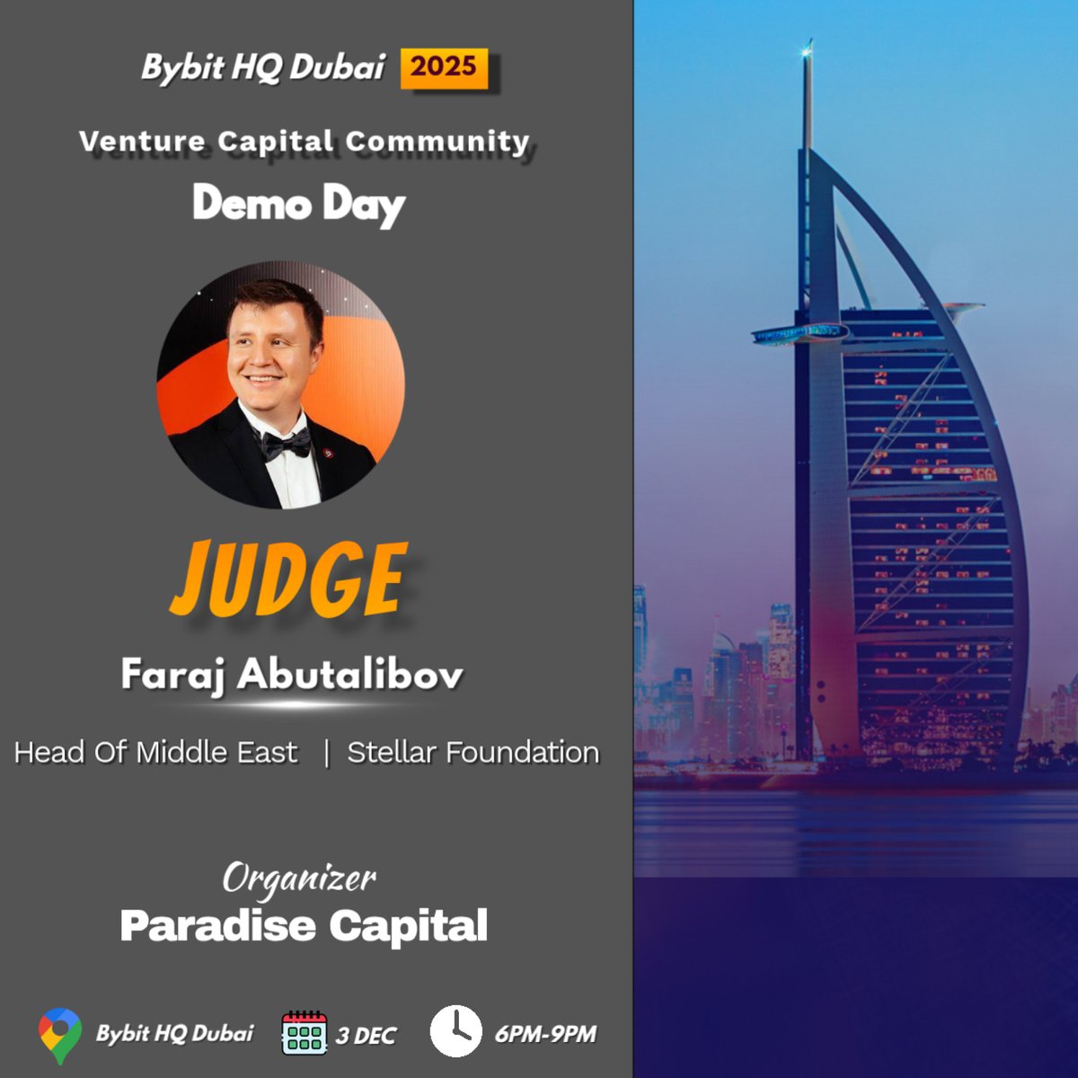 🔊 We are thrilled to announce <a href="/faraj_abut/">Faraj Abutalibov</a> Head Of Middle East at Stellar Foundation ($XLM) as jury member of our upcoming VCC Demo Day (Dubai December Edition). 

18 years of Corporate (Blockchain, Oil&amp;Gas), Startup &amp; VC experience, MBA, Harvard Business School, 13 years in