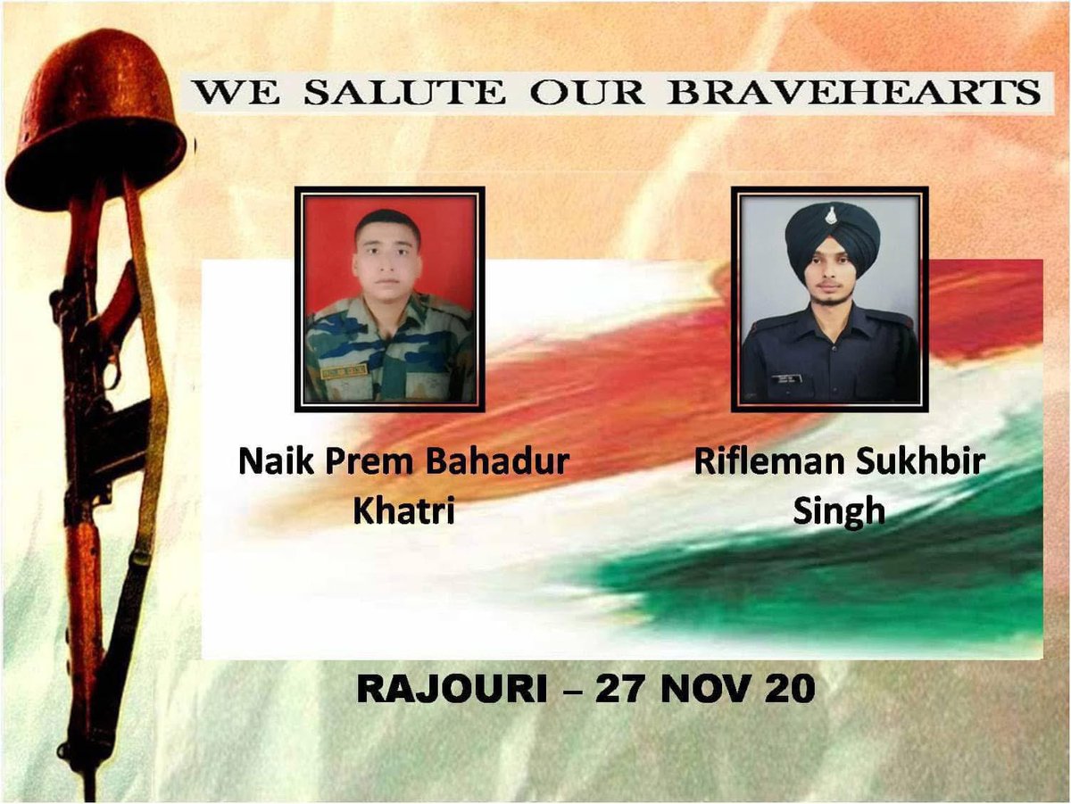 priority_n's tweet image. Bravehearts of 18 JAK RIF were critically injured in ceasefire violation by pakis at Rajouri, J&amp;amp;K. Both immortalized #OnThisDay in 2020. 

Homage to
NAIK PREM BAHADUR KHATRI
RIFLEMAN SUKHBIR SINGH
on their Balidan Diwas today.

They both made Supreme Sacrifice while defending the…