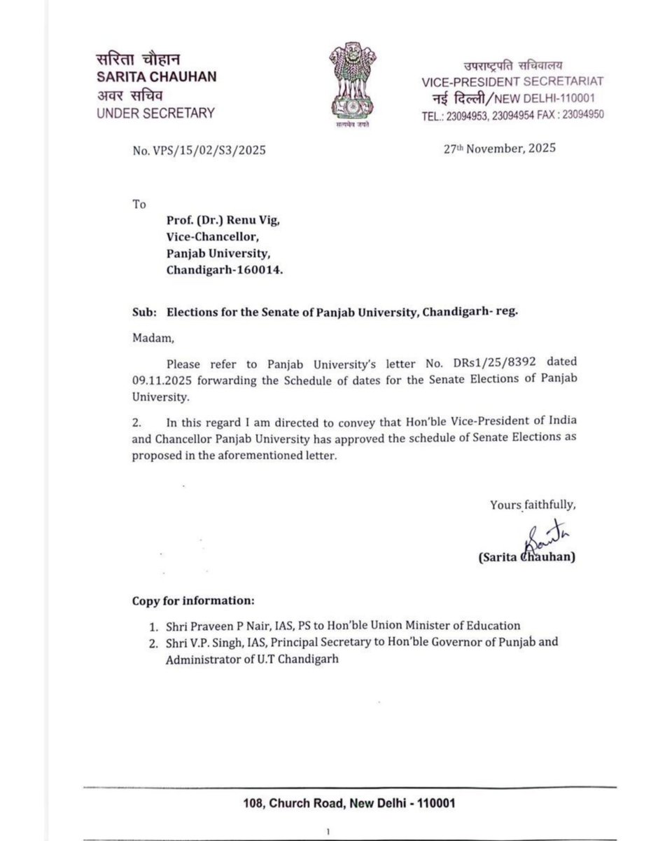 A victory for the students and the people of Punjab — the Vice-President–cum–Chancellor of Panjab University, Chandigarh has approved the schedule for Senate elections.

After safeguarding the democratic process of Panjab University, Punjabis must now unite to fully resist and