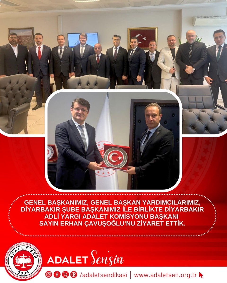 Genel Başkanımız, Genel Başkan Yardımcılarımız ve Diyarbakır Şube Başkanımızdan oluşan heyetimizle birlikte, Diyarbakır Adli Yargı Adalet Komisyonu Başkanı Sayın Erhan Çavuşoğlu’nu makamında ziyaret ettik. Sayın Çavuşoğlu’na nazik kabulleri ve misafirperverlikleri için