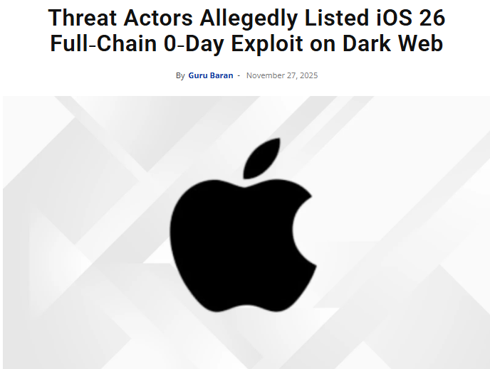 H4ckmanac's tweet image. 🚨Cyber Alert‼️

iOS 26 Zero-Click Exploit Claimed for Sale on Dark Web

A threat actor called ResearcherX claimed to be selling a full-chain zero-click exploit for iOS 26 on the dark web, allegedly allowing root access and bypassing new protections.

The listing says it…