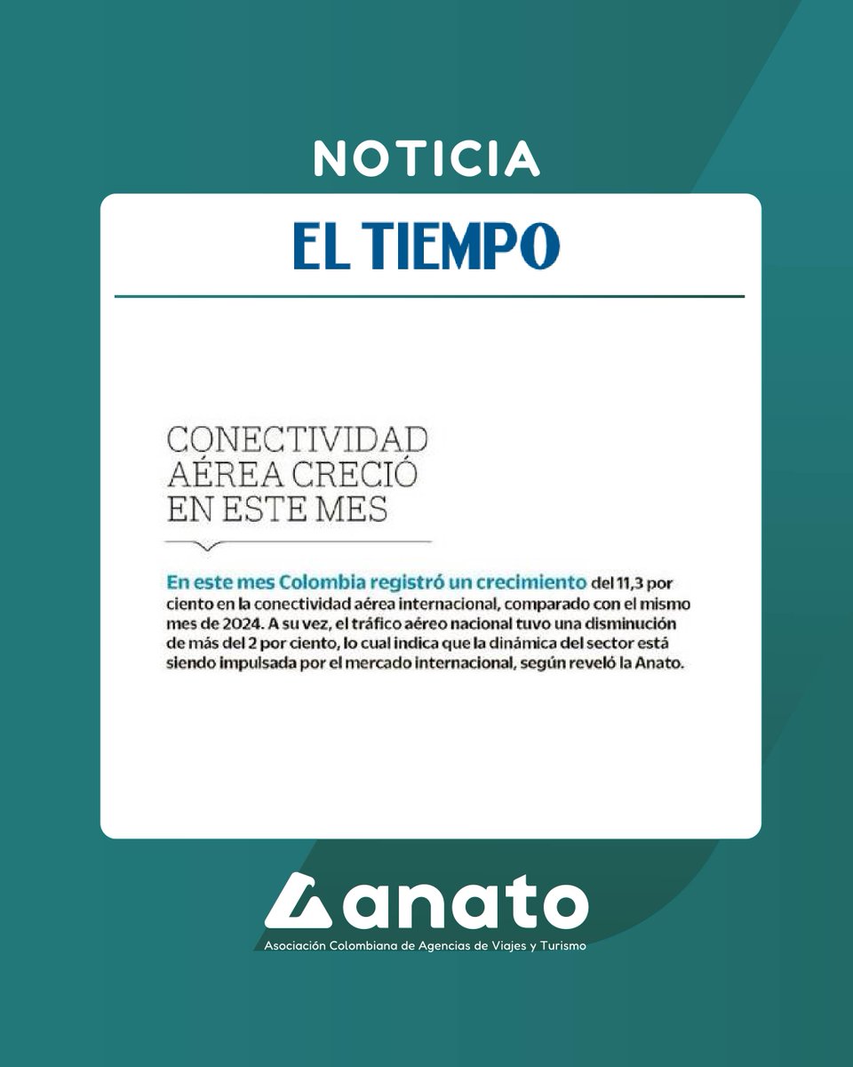 📰 #NoticiadeTurismo | En este mes Colombia registró un crecimiento del 11,3% en la conectividad aérea internacional, comparado con el mismo mes de 2024.
Vía: <a href="/ELTIEMPO/">EL TIEMPO</a>
<a href="/PaulaCortesC/">Paula Cortés Calle</a>