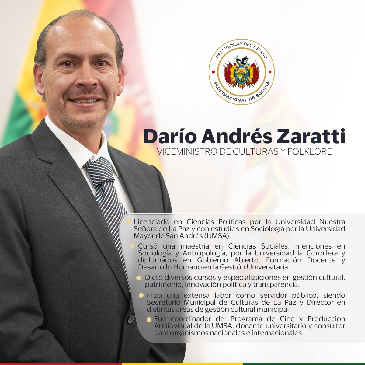 Conoce más sobre el nuevo viceministro de Culturas y Folklore, Darío Andrés Zaratti Chevarría. #SiempreBolivia