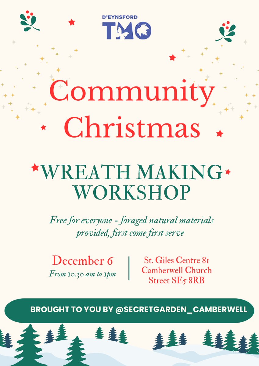 Deynsford's tweet image. 🎄Community Christmas Wreath-Making Workshop!🎄
Join us on December 6, 10:30am–1:30pm at St. Giles Centre, Camberwell for a free festive workshop using foraged natural materials.🌿✨
First come, first served — all welcome!
#Camberwell #CommunityEvent #WreathMaking #Christmas2025