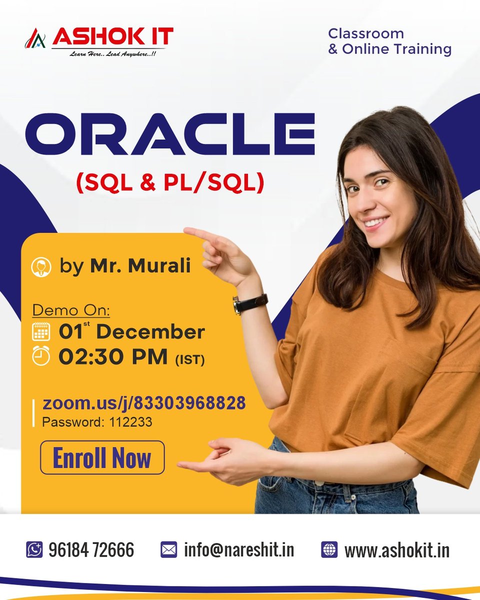 ashokitschool's tweet image. 🌐 Want to become a professional Oracle SQL &amp;amp; PL/SQL Developer? 💡
.
📲 Register Now: tr.ee/O1Lmij
.
👨‍🏫 Trainer: Mr.Murali
📅 Date: 01 Dec 
⏰ Time: 02:30 PM IST
🏫 Mode: Classroom &amp;amp; Online Training
.
#Oracle #OracleSQL #PLSQL #DatabaseDeveloper #SQLDeveloper