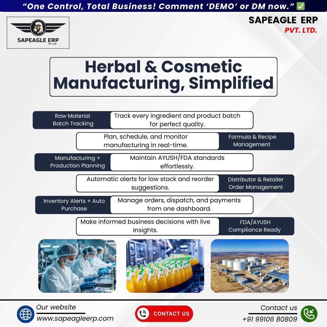 sapeagleerp's tweet image. Herbal &amp;amp; Cosmetic Manufacturing made smarter!
Batch tracking, inventory alerts, recipe management &amp;amp; AYUSH/FDA compliance — all in one ERP.

#SapeagleERP #ERPSoftware #HerbalCosmetic #ManufacturingTech #Automation #AYUSHCompliance #FDAApproved #BusinessTools