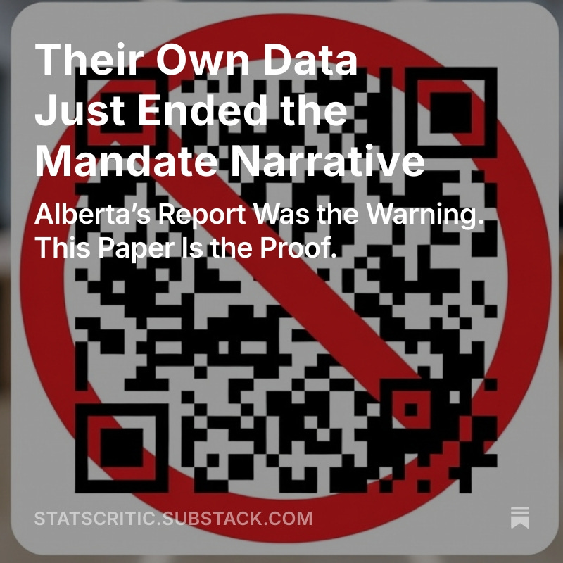 Their Own Data Just Ended the Mandate Narrative

A statistical kill-shot: “The evidentiary standard wasn’t bent. It was abandoned. This isn’t interpretation. It’s their data, their caveats, their footnotes.”

open.substack.com/pub/statscriti…