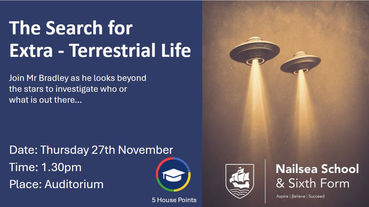 Todays Lunchtime Lecture: The Search for Extra -Terrestrial Life
Students are invited to join Mr Bradley this lunchtime as he explores who or what is out there!