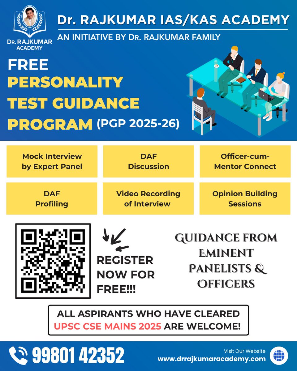DrRajAcademy's tweet image. Unlock your true potential with our exclusive Free Personality Test Guidance Program!

Register now for FREE: forms.gle/oJWVqoxzjnJpEn…
Call: 99801 42352

#UPSC #PersonalityTest #UPSCInterview #UPSCPreparation #GuidanceProgram #CivilServices #UPSCToppers  #DrRajkumarAcademy