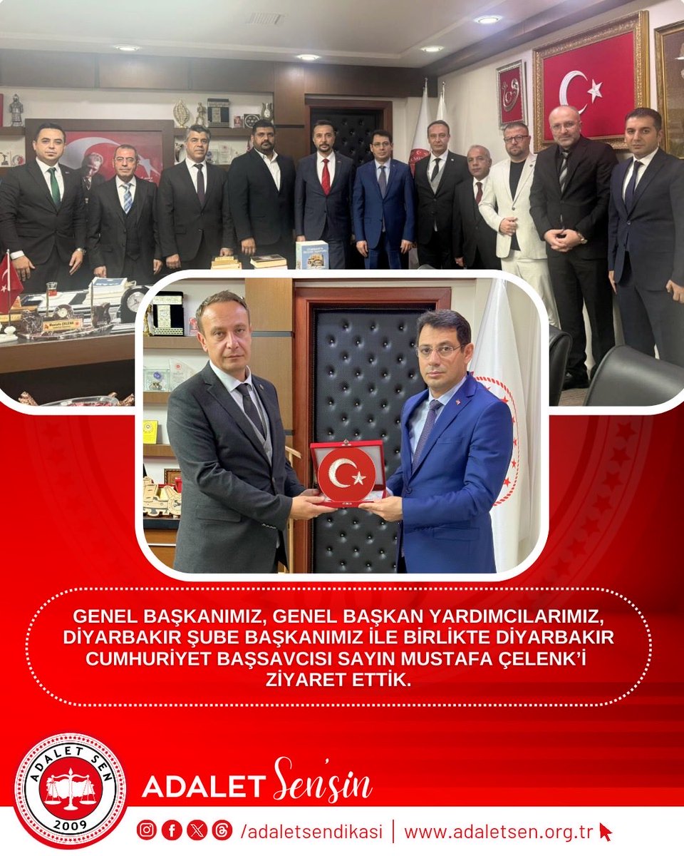 Genel Başkanımız, Genel Başkan Yardımcılarımız ve Diyarbakır Şube Başkanımız ile birlikte; Diyarbakır Cumhuriyet Başsavcısı Sayın Mustafa Çelenk’i makamında ziyaret ettik. Sayın Başsavcımıza nazik kabulleri ve hoş sohbetleri için teşekkürlerimizi sunuyoruz.
