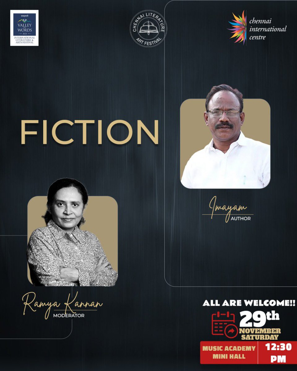 CIC_Chennai's tweet image. One of Tamil literature’s most powerful voices takes the stage.
Imayam in conversation with Ramya Kannan on storytelling, society and the inner lives of ordinary people.

📖 Fiction Session

📅 29 Nov | ⏰ 12:30 PM | 📍 Music Academy Mini Hall

#CLAF2025 #Imayam #TamilLiterature