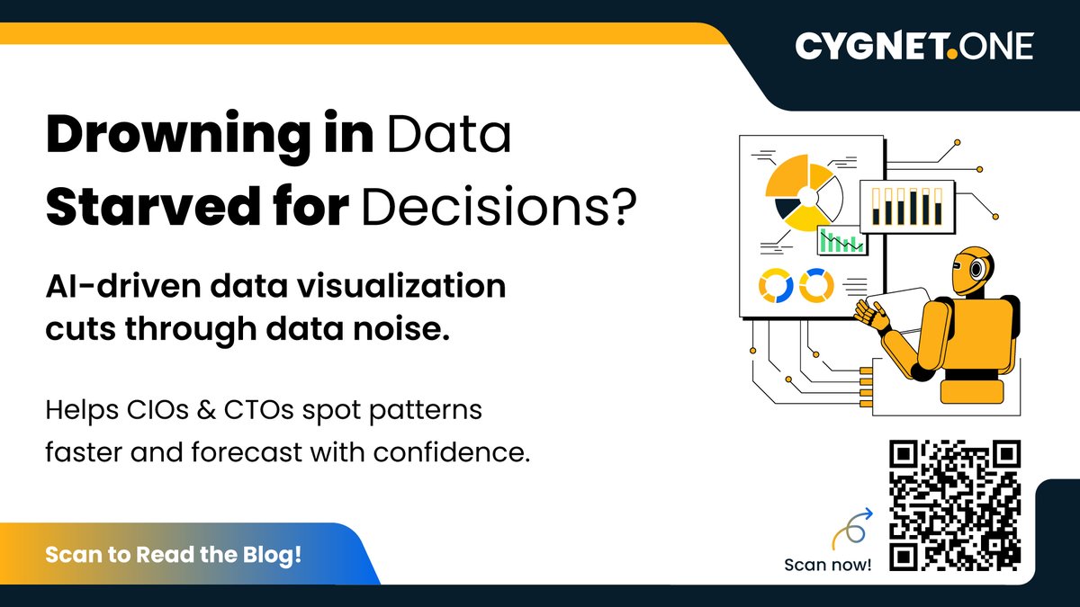 cygnet_one's tweet image. Data challenges CIOs &amp;amp; CTOs: exploding volumes, multiplying sources, lagging insights.  
AI visualization uncovers patterns &amp;amp; predicts ahead—data overload to smart decisions.  
Read more: cygnet.one/blog/ai-driven… 

#DataVisualization #Data #AI #DataInnovation
