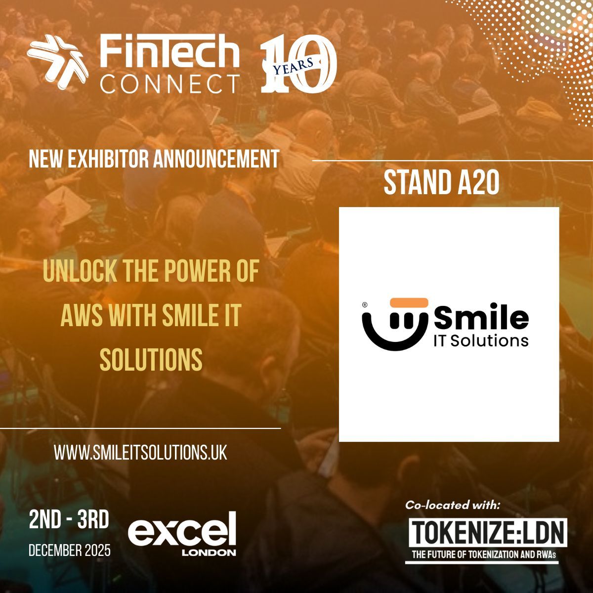 fintech_connect's tweet image. Welcome Smile IT Solutions to FinTech Connect 2025!

Smile IT Solutions is an AWS Advanced Partner helping fintechs modernise infrastructure and accelerate cloud transformation with zero-risk, fully funded PoCs.

Discover their cloud solutions at Stand A20.

#FinTechConnect