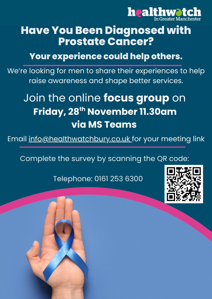 Healthwatchbury's tweet image. 📢 There’s still time to sign up! 
Men across Greater Manchester are invited to our online prostate cancer focus group.

🗓 Fri 28 Nov 2025 🕚 11:30am 💻 Microsoft Teams

👉 Call 0161 253 6300 or email info@healthwatchbury.co.uk #prostatecancer