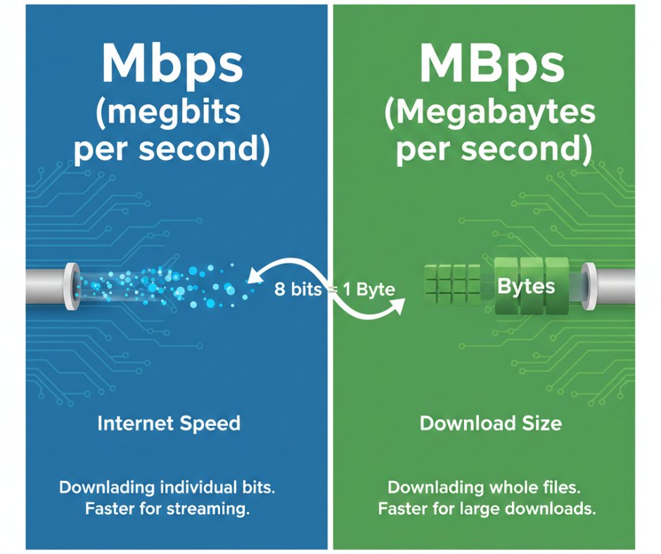 Paradise_tec's tweet image. Bits vs. Bytes: The Simple Trick to Understand Your Internet Speed

✅ Mbps (lowercase &quot;b&quot;) = Megabits per second → bandwidth
✅ MBps (uppercase &quot;B&quot;) = Megabytes per second → file transfers
Quick math:
Max download speed (MBps) = Mbps ÷ 8

#TechExplained #Internet #Productivity