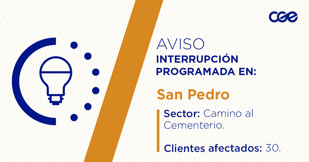 CGE_Clientes's tweet image. Para mejorar la calidad del suministro de nuestros clientes de #SanPedro, este sábado, entre 10:00 y 16:00 horas, se realizará una #InterrupciónProgramada (sectores en la imagen 👇) debido a trabajos de mejoras. Esto afectará a 30 clientes. Recuerda desconectar tus artefactos 🔌