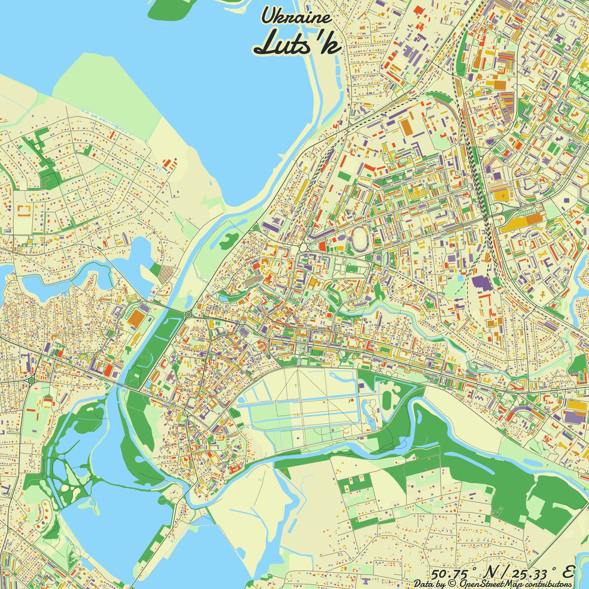 rcityviews's tweet image. Image of Luts&apos;k, Ukraine created in #rstats using data from #OpenStreetMap.