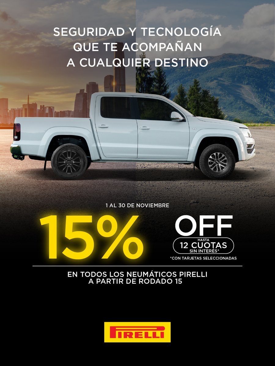 AutomundoArg's tweet image. 🗓️ Noviembre llega con promo fuerte: 15% OFF y 12 cuotas en neumáticos #Pirelli desde rodado 15”. Tecnología Seal Inside, más seguridad y mejor rendimiento para viajar. Más info aquí 👉 wp.me/pabQqR-u05
