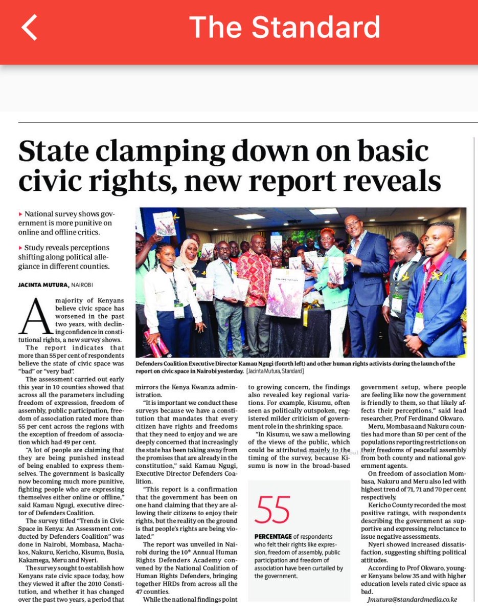 DefendersKE's tweet image. On today's Standard Newspaper!

Findings from the new report ‘The Trends in Civic Space in Kenya :an assessment , indicate a governance deficit: the shrinking civic space correlates with increased protest culture and declining trust in institutions.

Additionally, there was…