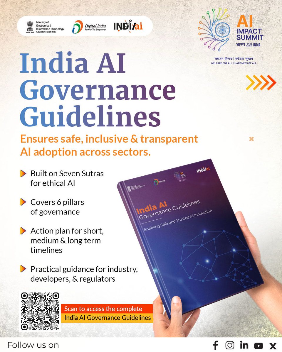 _DigitalIndia's tweet image. India unveils India AI Governance Guidelines.

The guidelines serve as a holistic framework to enable safe, inclusive, and responsible AI adoption across sectors while accelerating innovation.

Built on seven sutras for ethical and responsible AI, the guidelines lay out:

•Key…