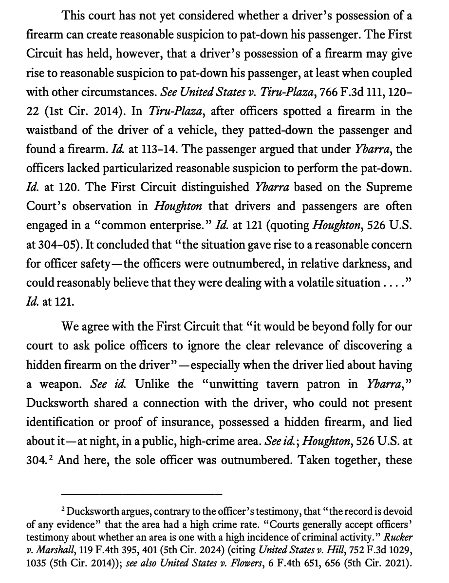 Finding a gun on a driver is relevant to whether there is reasonable suspicion to frisk the passenger for a gun, CA5 rules—and here, there was reasonable suspicion. 
ca5.uscourts.gov/opinions/pub/2… #N