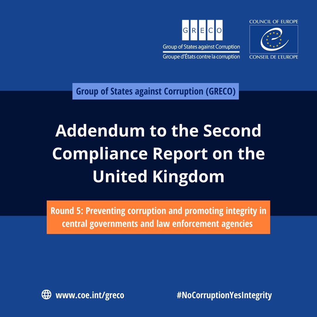 CoeGreco's tweet photo. UK:@CoEGreco welcomes progress to strengthen government #integrity, commends adoption of codes of ethics and misconduct reporting systems for law enforcement agencies, and terminates the compliance procedure
https://t.co/hduIsL47id
#NoCorruptionYesIntegrity @coe https://t.co/bXlsNTPUEX