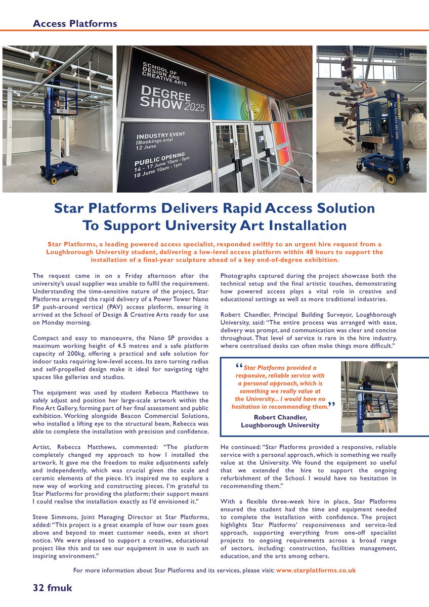 FMUKmagazine1's tweet image. Latest Issue 📰: @StarPlatforms, a leading #PoweredAccess specialist, responded swiftly to an urgent hire request from a @lborouniversity student, delivering a low‑level #AccessPlatform within 48 hours.

➡️fmuk-online.co.uk/star-platforms…
#facman #FacilitiesManagement #access #PAV #safety