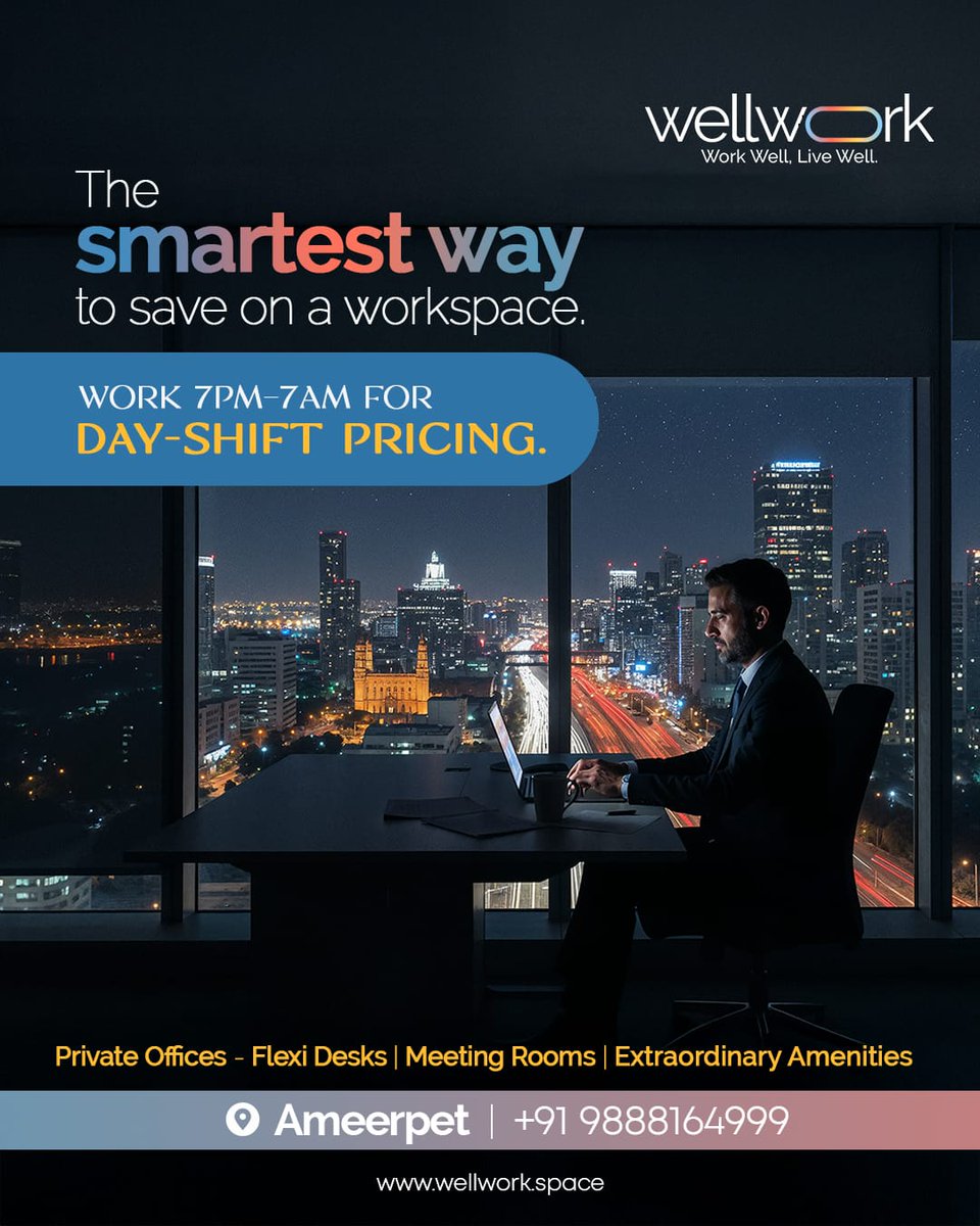 wellworkspace's tweet photo. Work better at night with Wellwork’s 7PM–7AM access-quiet, modern, and budget-friendly. 

Get your best work done. 

Book your space today!

#WellWork #AffordableCoworking #FlexibleWorkHours #ModernWorkspace #HyderabadCoworking #Ameerpet https://t.co/Ek9KrCsi9Z