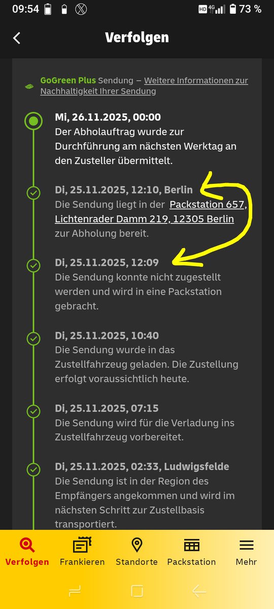 GertJger2's tweet photo. @DHLPaket Aufschlussreich ist übrigens die Tatsache, dass, nachdem das Paket angeblich nicht zugestellt werden konnte, es nur 1 Minute später in der Packstation liegt. https://t.co/eOJGGVAgSe