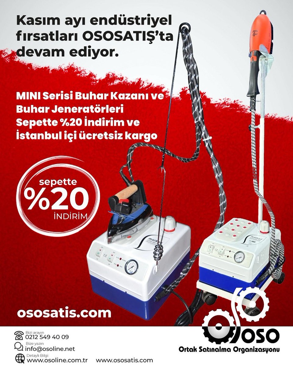 Kasım ayı endüstriyel fırsatları OSOSATIŞ’ta devam ediyor.
MINI Serisi Buhar Kazanı ve Buhar Jeneratörleri

✅ Sepette %20 İndirim

👉ososatis.com/mını2000-bir-u…
#BuharJeneratörü #BuharKazanı #EndüstriyelMakine #TekstilMakineleri #OSO #OsoSatış #OsoLine #KasımFırsatları