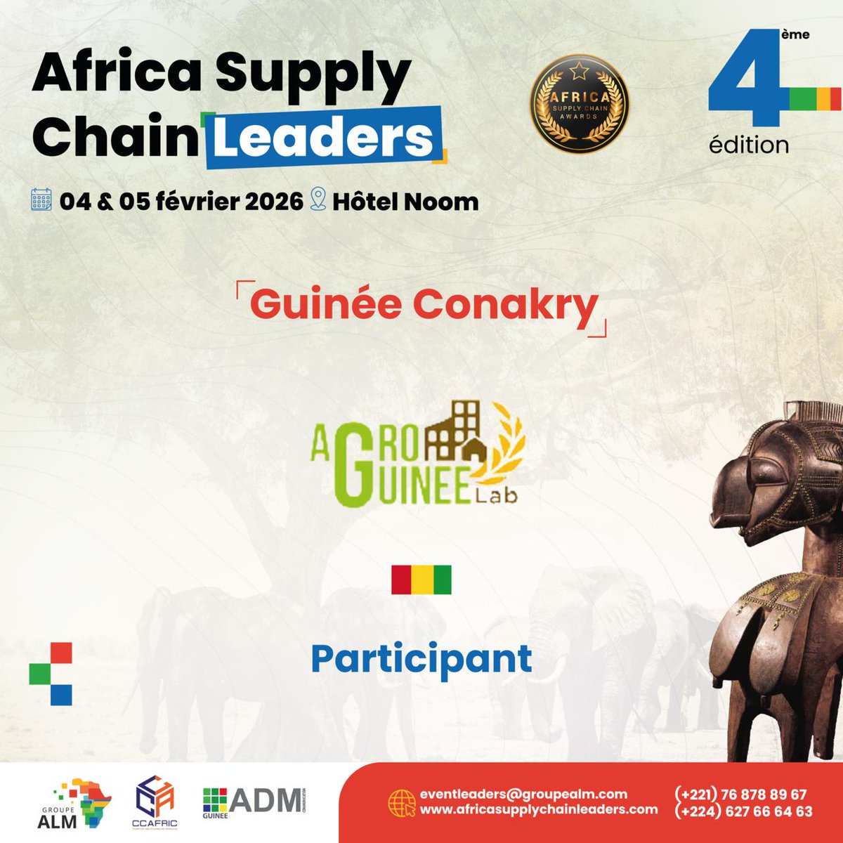 📢 Nous avons le plaisir de vous annoncer la participation de <a href="/Agroguineelab/">AgroGuinneLab</a> à la 4e édition de la conférence Africa Supply Chain Leaders à l'hôtel Noom de Conakry.

💡 Pour plus d'informations sur l'événement, visitez son site web : africasupplychainleaders.com

#agriculture