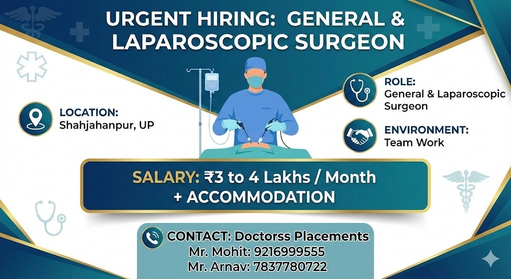 DocPlacements's tweet image. Urgent Hiring : General &amp;amp; Laparoscopic Surgeon
Location : Shahjahanpur, UP
Salary : 3 to 4 Lakhs
+ Accommodation
Team Work

Contact : Mr. Mohit
+91 9216 999 555
+91 7837 780 722
Doctors Placements

#General &amp;amp; Laparoscopic SurgeonJobs
#doctorJobs
#hiringPediatrician
#medicalJobs