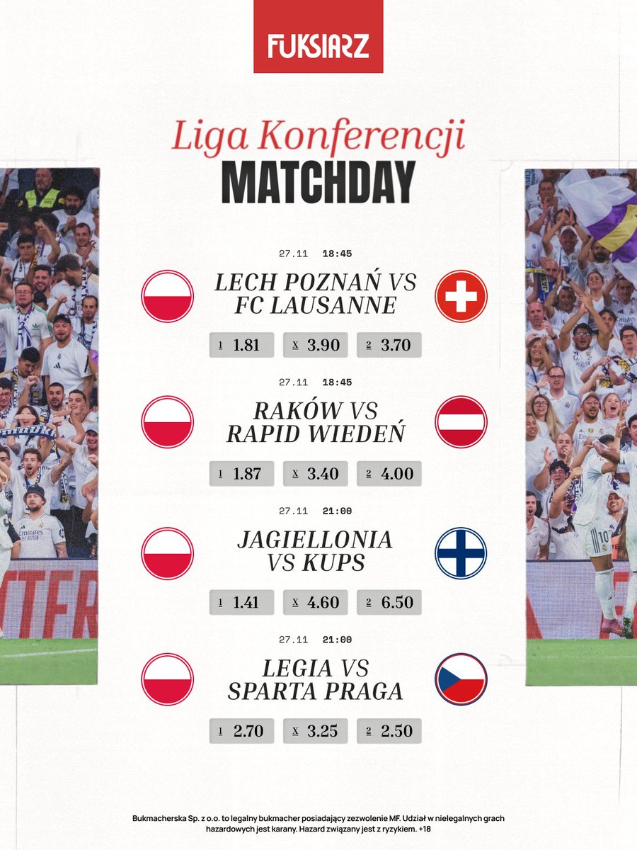 Wieczór pełen piłkarskich emocji przed nami! ⚽🔥

Ile zwycięstw odniosą polskie ekipy w dzisiejszych meczach? 🤔

Zakłady na wszystkie spotkania 4. kolejki Ligi Konferencji znajdziecie tutaj 👉 fuksem.pl/liga-konferenc…