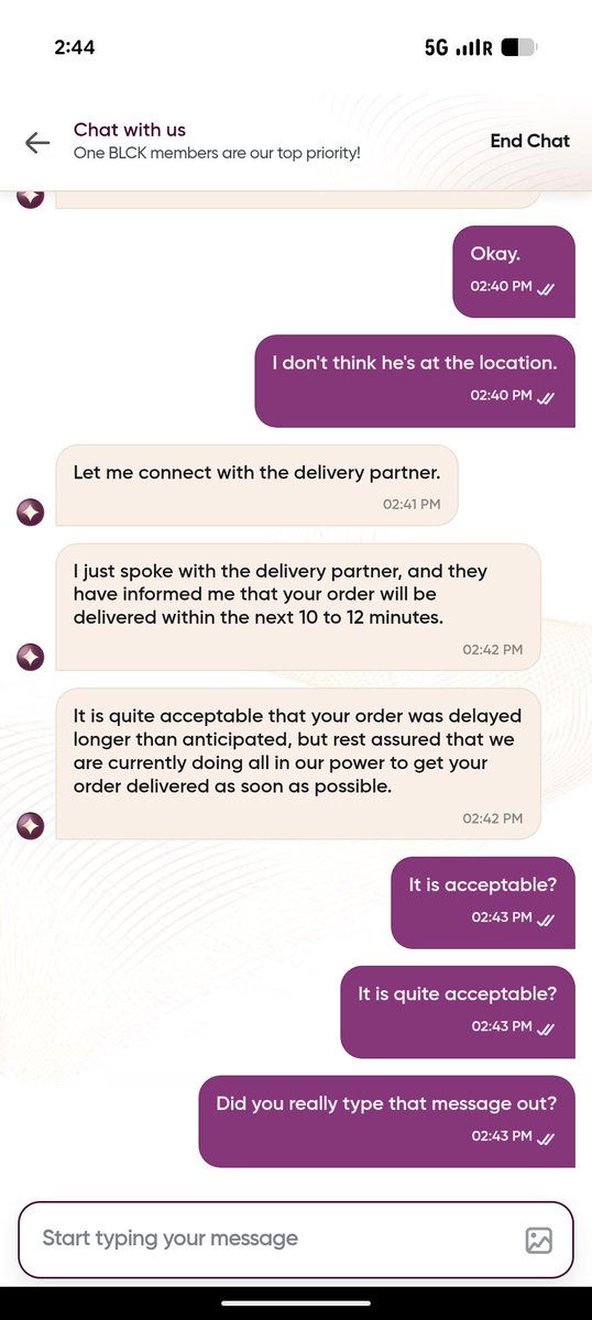 Has Swiggy replaced their customer care with bots? This one just told me my order being late was "quite acceptable"
