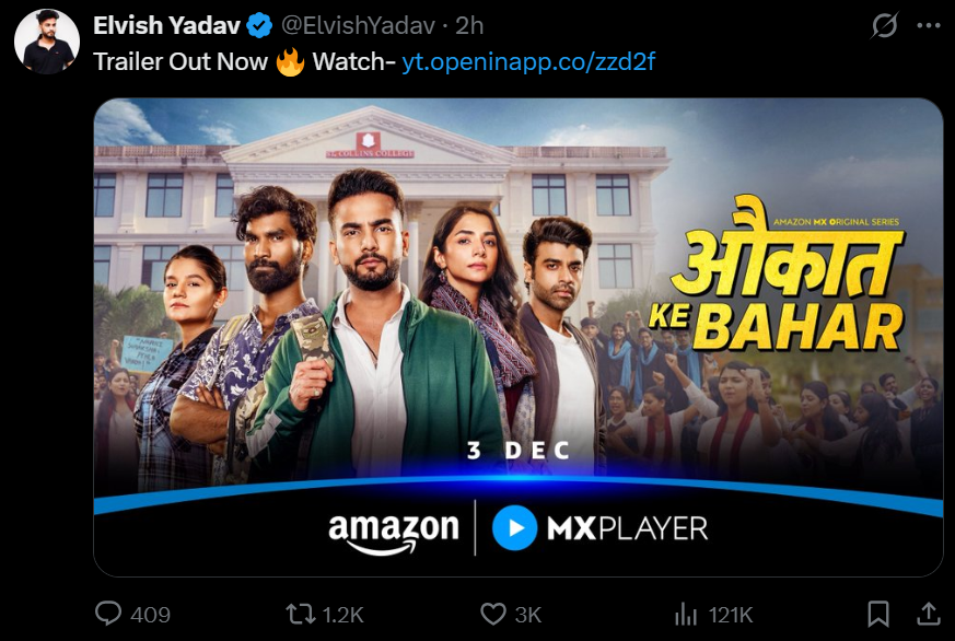 IndiaDeskNews's tweet photo. #ElvishYadav की नयी वेब सीरीज #AukatSeBahar का ट्रेलर जारी
Trailer Link:
https://t.co/jsOOhExE0K
#ElvishArmy #Systemmm #AukatSeBahar https://t.co/PBQIJ1PcBo
