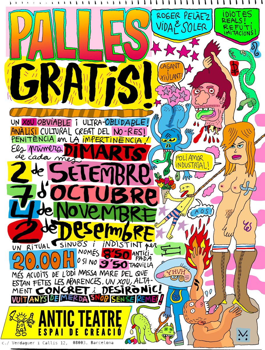 Si no em pilleu 4 entrades
us cantaré unes nadales.
I us faré unes llenties
de cigales congelades.

DIMARTS VINENT:
NOU XOU.
ATENCIÓ a la
CONCURRÈNCIA!

anticteatre.com/events/event/r…